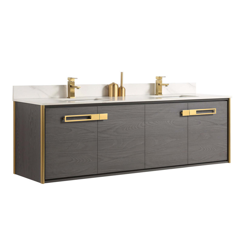 Meuble-lavabo double l 72 po x P 20,06 po x H 23,25 po, Chêne noir, Laiton satiné