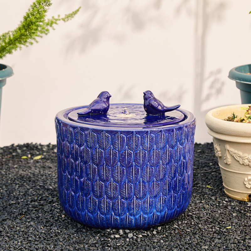 Jaici Handcrafted Outdoor Ceramic / Porcelain Weather Resistant Sculptural Fountain with Lights, Purplish Blue
