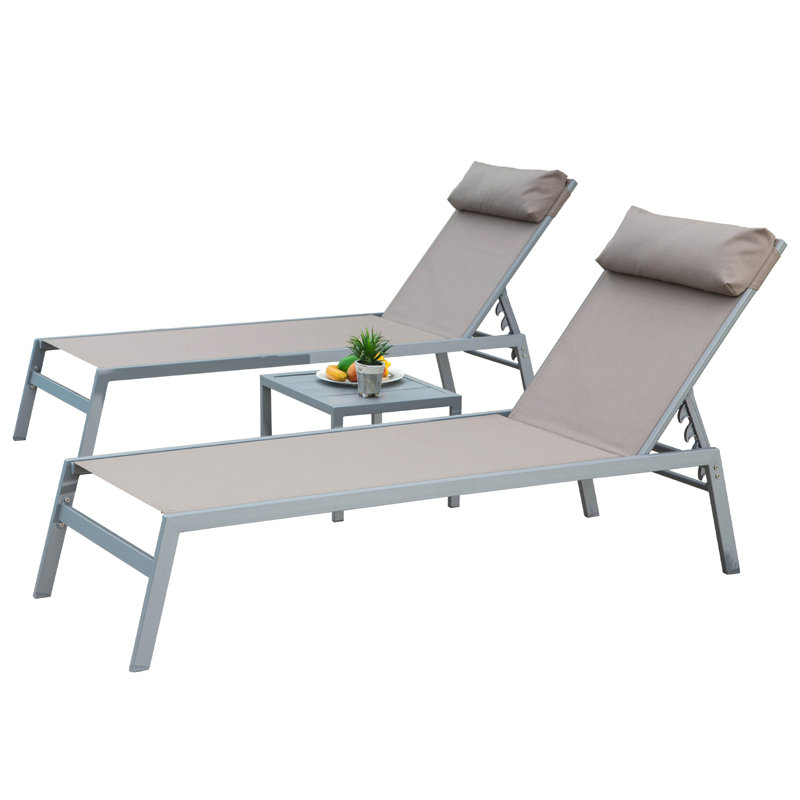 Patio Lounge Of 3 - Aluminium, 5 positions réglables, pour balcon, jardin, piscine, chaises longues kaki, terrasse, pelouse, bord de piscine