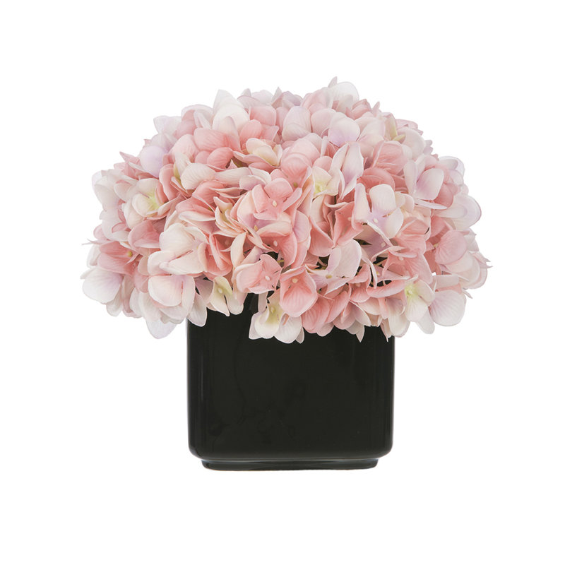 Hortensia artificiel dans un petit cube noir en céramique, Rose bonbon