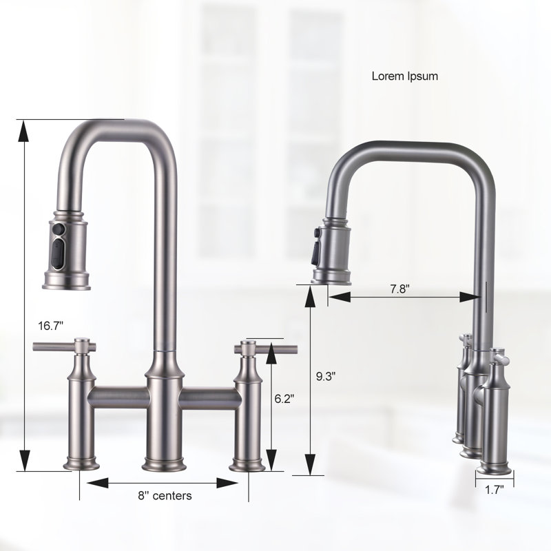 Robinet de cuisine de style pont avec deux poignées et une douchette rétractable, conçu pour être installé sur un évier de cuisine à 3 trous