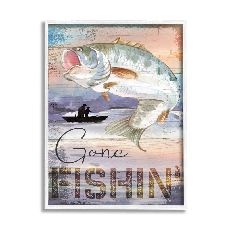 " Gone Fishin' Bass Angler Marine Life " by ND Art, 20" H x 16" W x 1.5" D, Coastal White Framed Giclee
