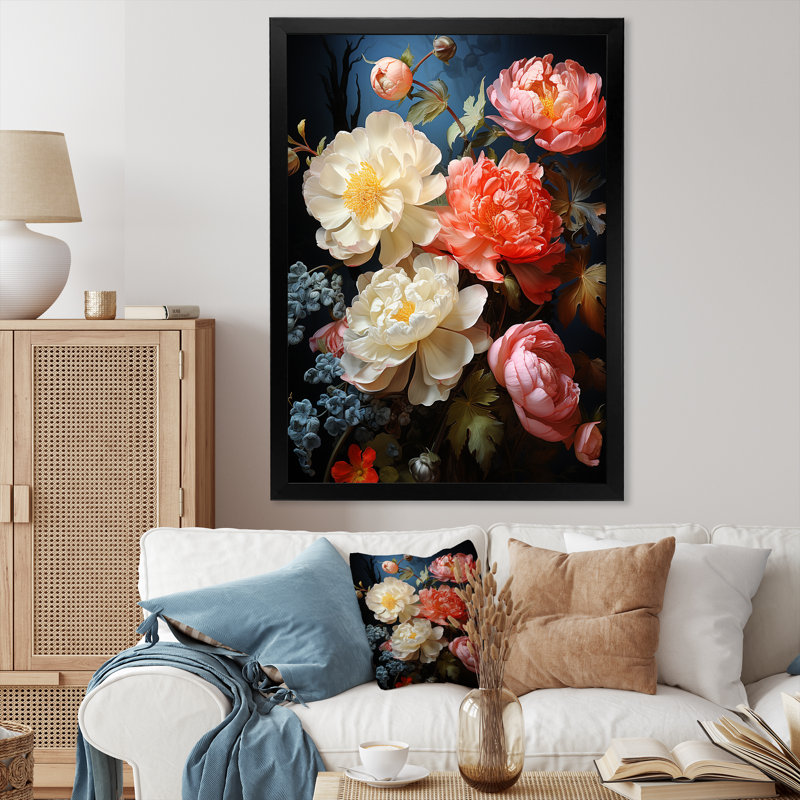 Œillets roses en fleurs - art mural floral abstrait, Cadre flottant doré, H 32 po x l 16 po x P 1 po
