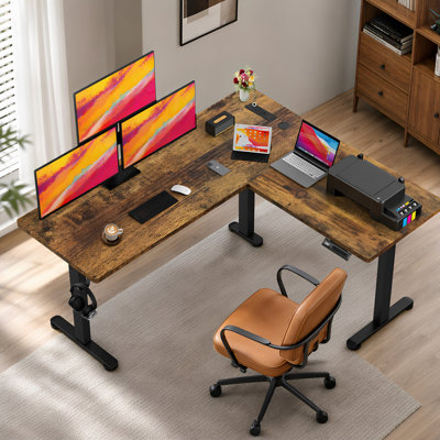 Bureau assis-debout en L de 160 x 140 cm – Bureau électrique à hauteur réglable avec molette de mémorisation, prises électriques, poste de travail idéal pour le télétravail et les jeux vidéo, avec tapis de souris et crochet.
