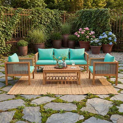 4-Piece Acacia Wood Outdoor Conversation Set with Patio Slatted Coffee Table, 2 Cushioned Chairs and Sofa