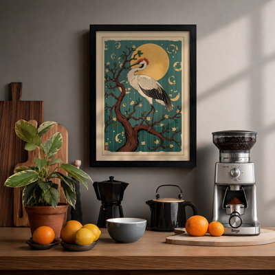 Crane Under Moon Japandi - Framed Print