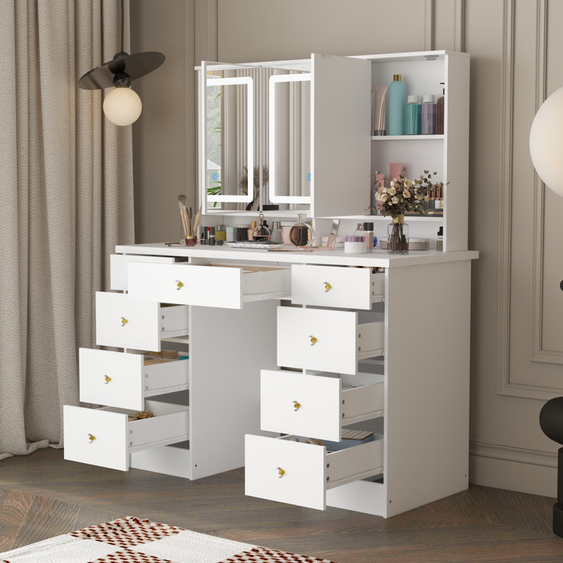 110cm Wide Dressing Table with 3-Colour LED Mirror & 9 Drawers - Large Makeup Vanity Desk - White
