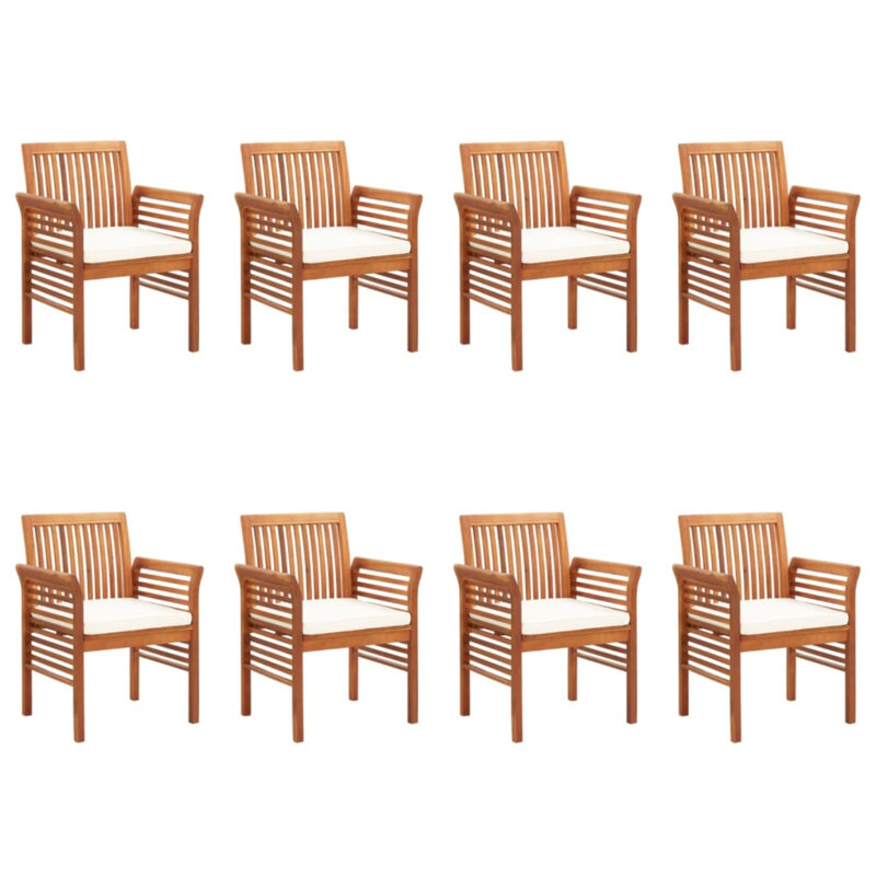 Chaise de salle à manger de patio moderne avec coussin en bois d'acacia massif, 8, Crème
