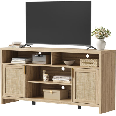 Meuble télé moderne en rotin de 63 po de largeur avec armoire de rangement et tablettes réglables, meuble audio-vidéo pour salon, chambre à coucher