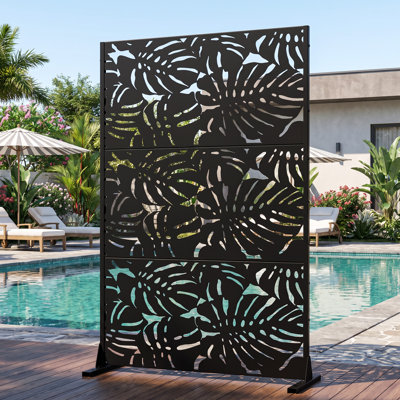72" H Black Freestanding Metal Privacy Screen, 46" W Decorative Outdoor Divider With Stable Base