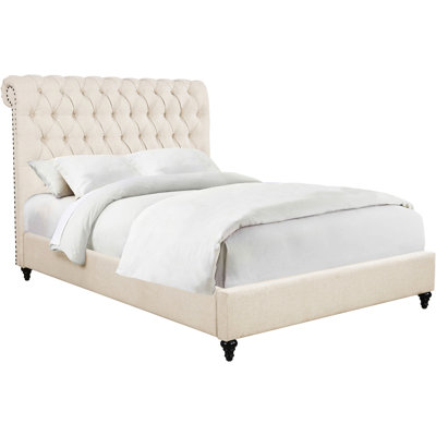 Beige Panel Bed, Queen Size, Traditional Product, Pine Wood Frame, Foam, And Scrolled Silhouette Size Upholstered Bed In Beige, Style, Wood, Headboard, Cappuccino Finish Legs For Bedroom