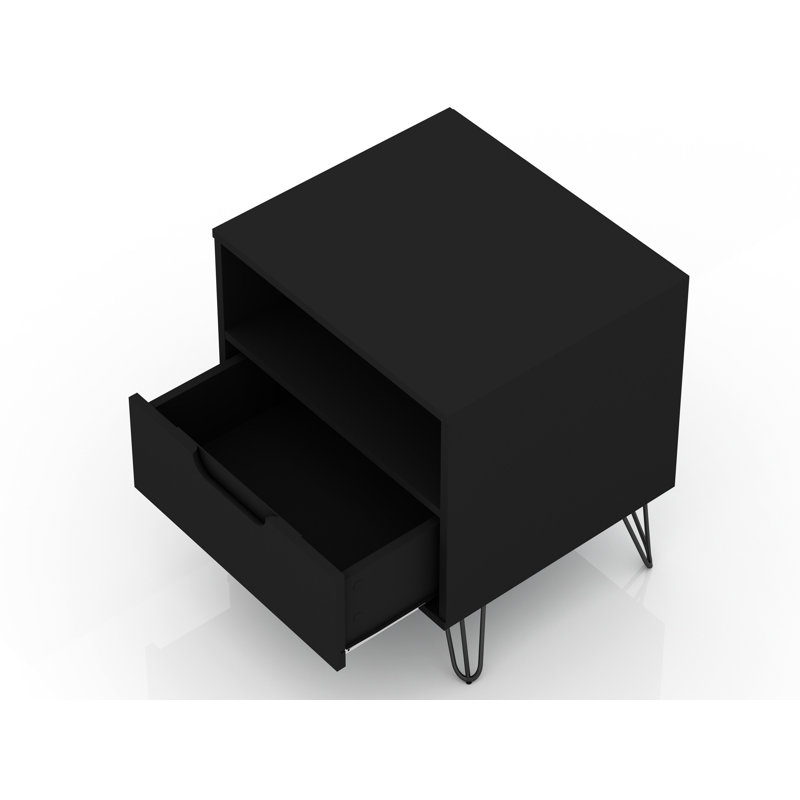 Rockefeller 20" Mid-Century Modern 1-Drawer Nightstand in Black, Black