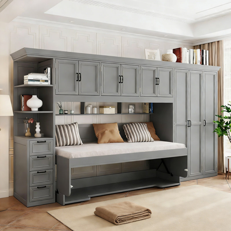 Lit escamotable simple avec armoire murale, armoire et bureau, Gris