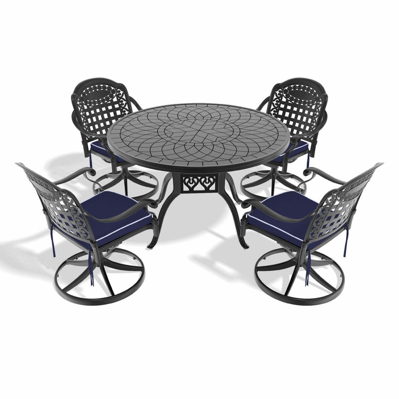 Ensemble de salle à manger 5 pièces en fonte d'aluminium avec structure noire, comprenant 4 chaises pivotantes et une table ronde de 47,24 pouces