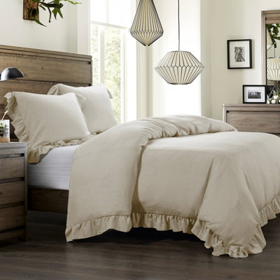 Lily Washed Linen Ruffled Edge Romantic Farmhouse 3 Piece Comforter Set