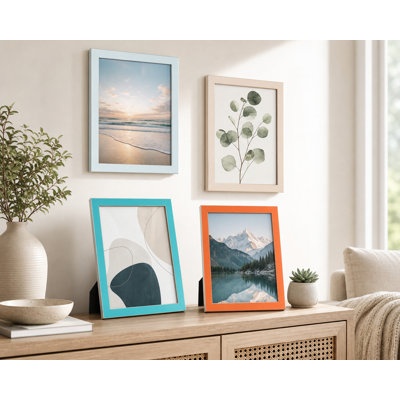 Ensemble de 4 cadres photo 11 x 14, verre trempé, table ou mur, bordure dorée, bleu clair, orange, abricot moderne
