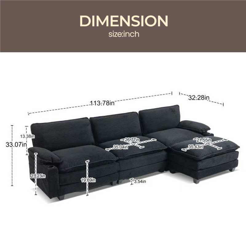 113" Modern 3+1 L-Shaped Corduroy Fabric Sofa,Modular Sectional Cloud Couch W/Ottoman,35D High-Resilience Sponge&Double-Layer Thick Cushion,Cup Holders,Storage Bags,Couches For Living Room,Apartment