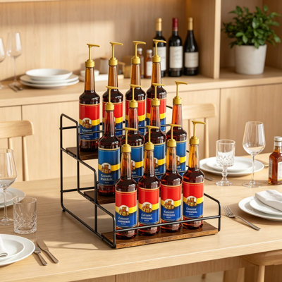 Organisateur de sirop de café à trois niveaux, support en métal séparable avec base en bois pour le comptoir, le bar, la cuisine et le rangement de la vinaigrette à whisky