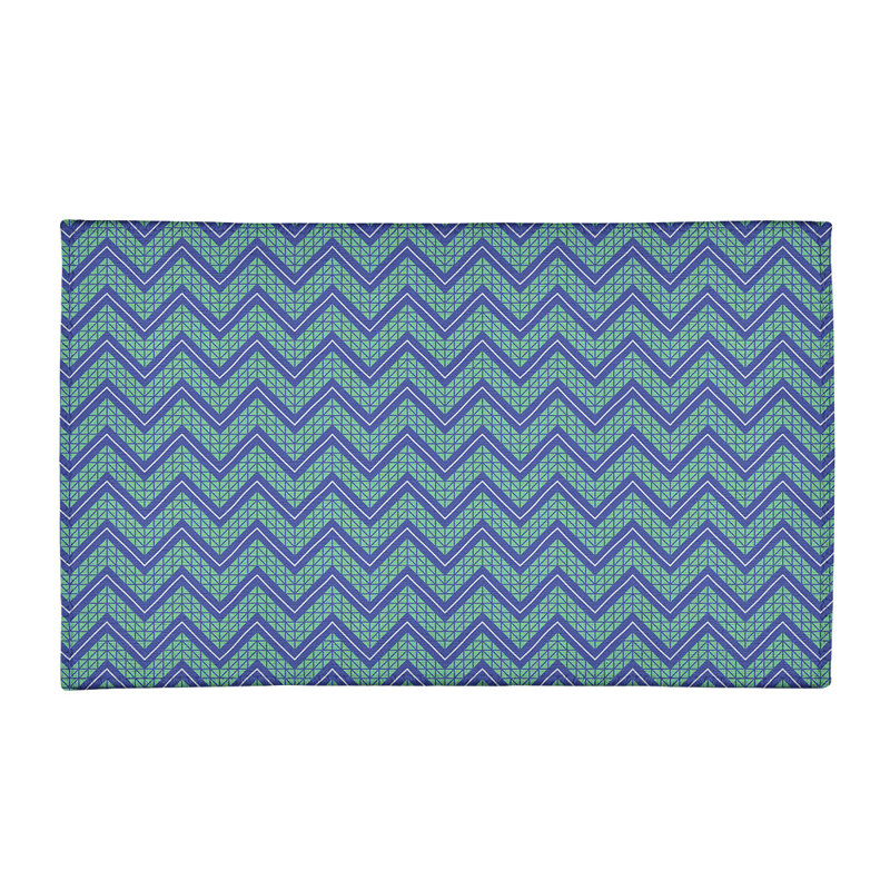 Tapis vert/bleu à chevrons à main, Rectangle 3 pi x 5 pi