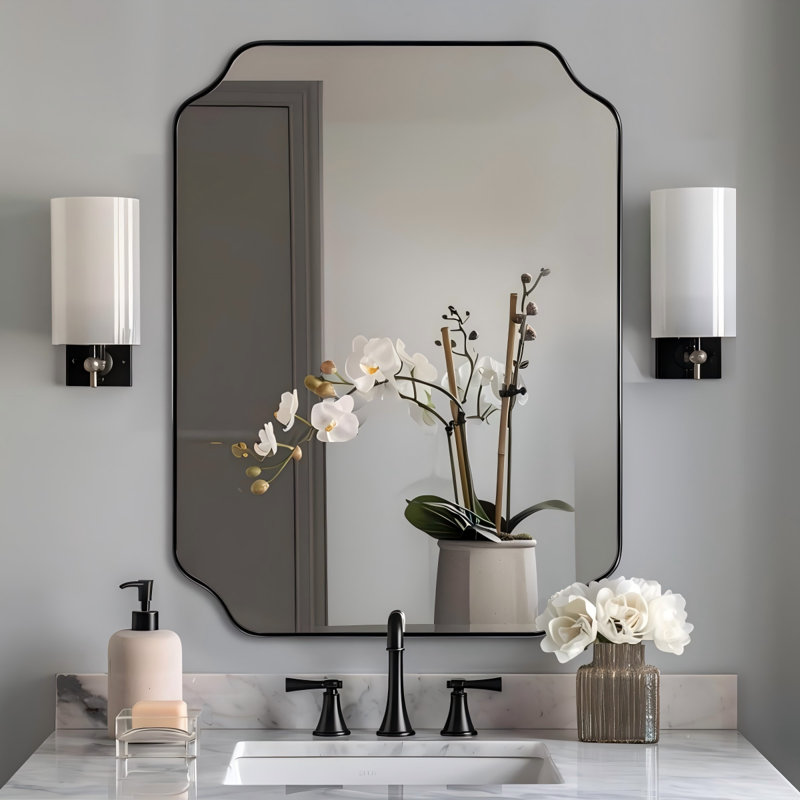 Miroir de salle de bain Modern Cadre en acier inoxydable, Noir mat, 30 po x 22 po