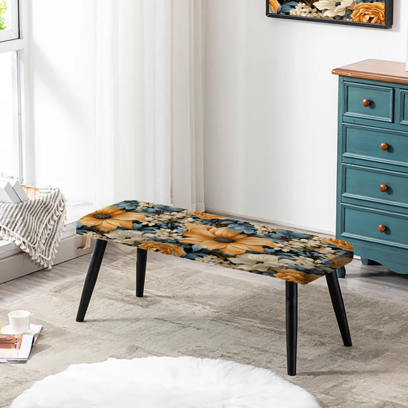 Motif de fleurs de ferme jaune et bleu - Banc rembourré floral noir
