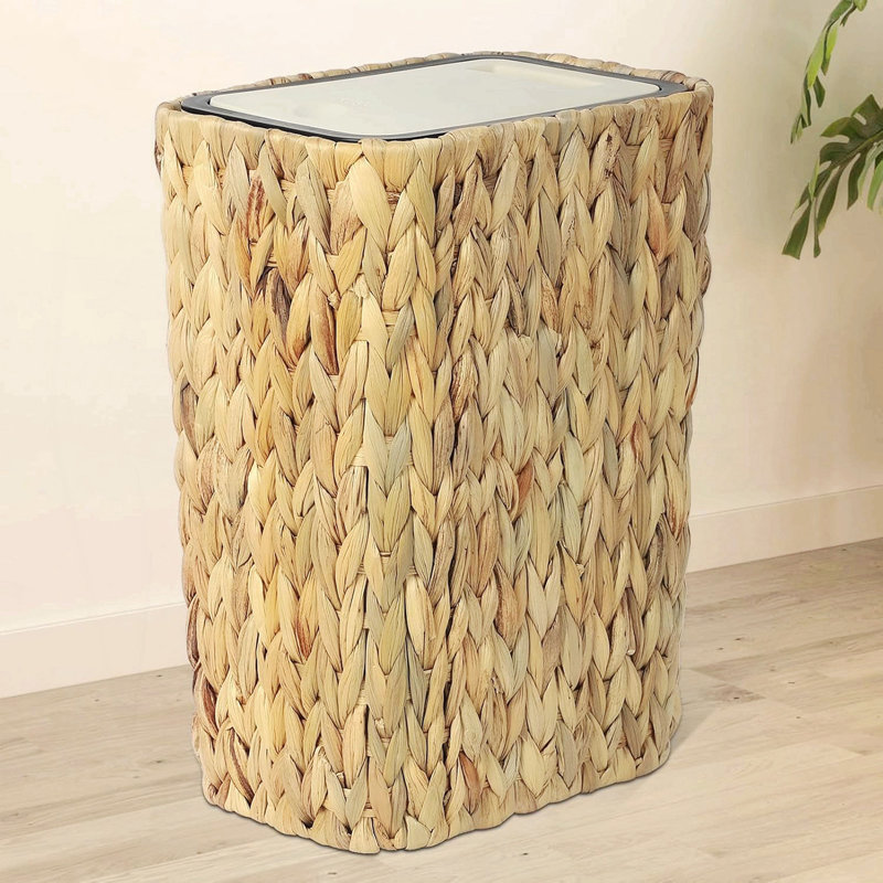 Poubelle, boho avec couvercle, petite poubelle en rotin 2,6 gallons avec couvercle à pression, poubelle tissée et panier à linge 2 en 1 pour salle de bain, cuisine, salon, chambre à coucher