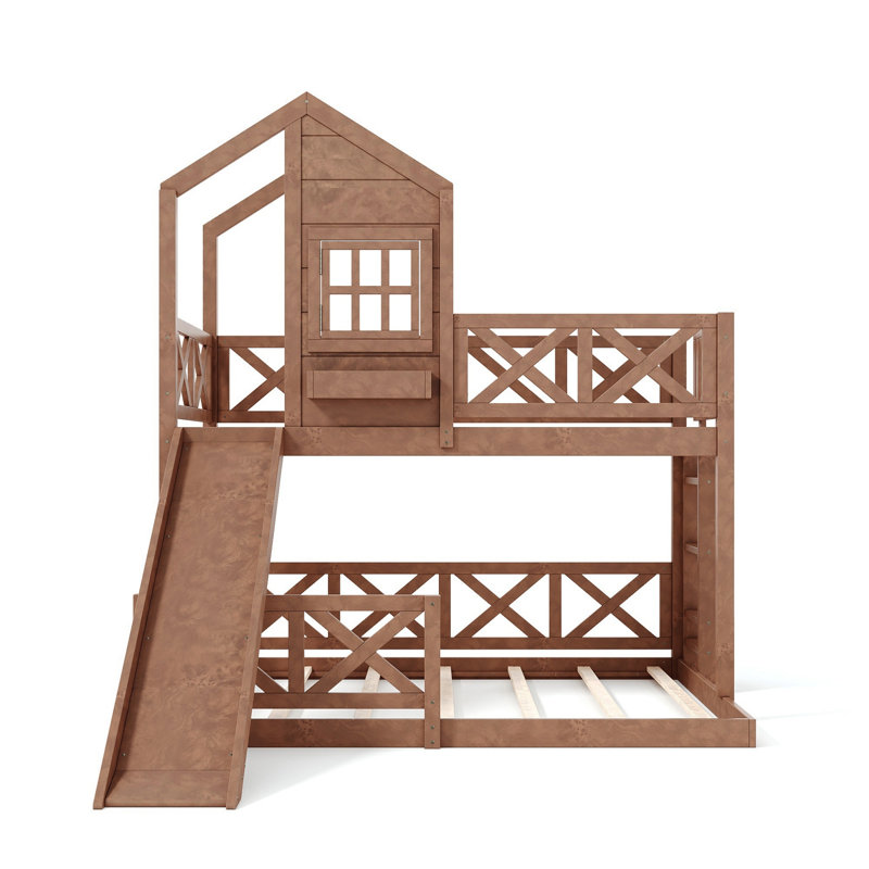 Lit superposé simple au dessus d'un lit double en bois massif avec glissière et barrière de sécurité en forme de X, Naturel