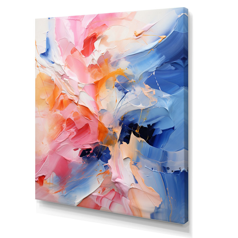 Fusion rose, bleu et fleurs I, Toile tendue, H 44 po x l 34 po x P 1,5 po