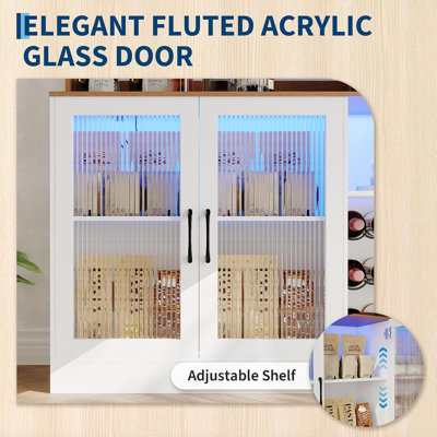 Armoire à vin avec porte-verre et support à vin, bar à café avec lumière DEL, porte cannelée en acrylique et tablette de présentation