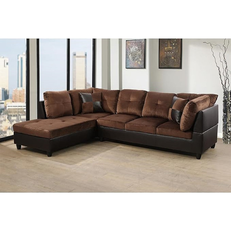 Lemley Upholstered L-Shaped Sectional, Left Hand Facing, Brown Microfiber/Microsuede/Faux Leather
