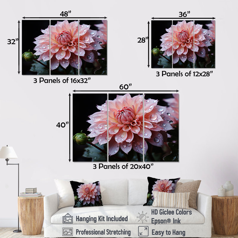 «Elegance In Pink Dahlia Floweret», ensemble de reproduction d'art mural Dahlia, H 40 po x l 60 po x P 1 po