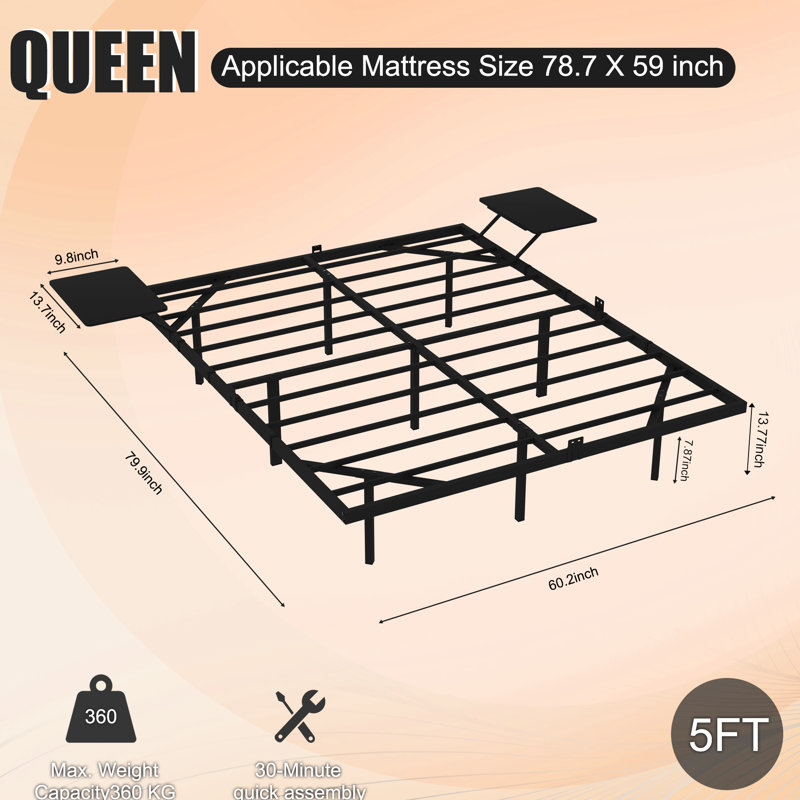 Structure de lit en métal noir très résistant, à DEL, facile à installer, sans grincement, tables de chevet, lattes renforcées de 800 livres, sous l'espace, pour différents salons et assemblage rapide, bruit