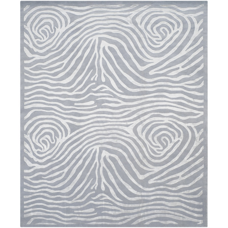 Tapis abstrait argenté en laine / coton noué à la main Xochitl, Rectangle 8 pi x 10 pi