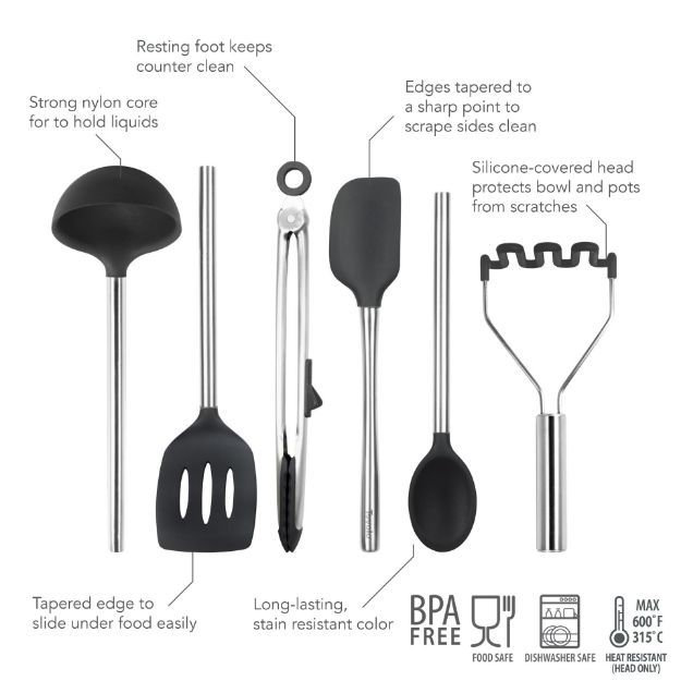 Silicone Utensil Set of 6 - Black, Black