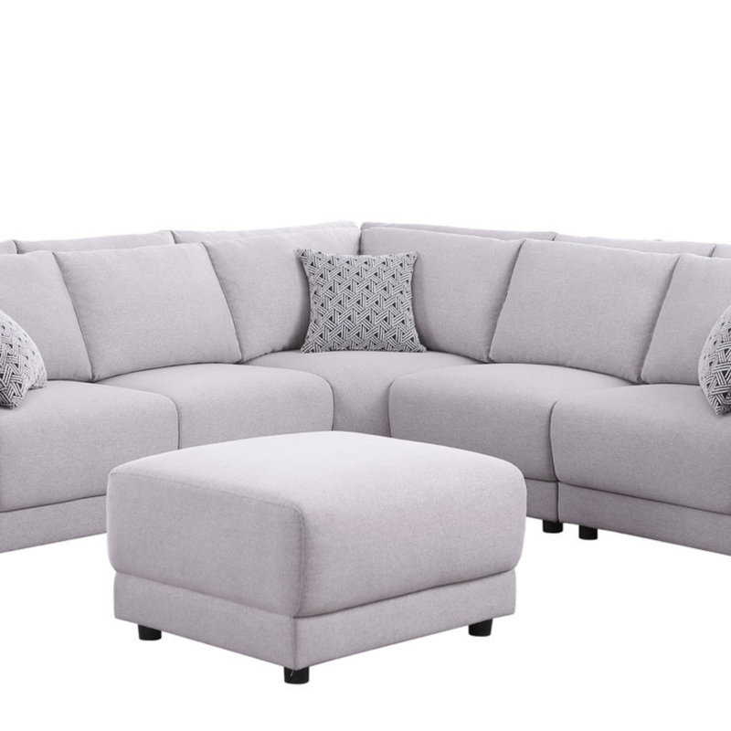94.5" Light Grey Linen Fabric Reversible L-Shape Sectional Sofa With Ottoman And Pillows (Sectional)