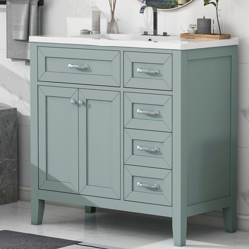 Bathroom Vanity with Sink Combo, Bathroom Cabinet with Drawers, Solid Frame and MDF Board, Silver, Green