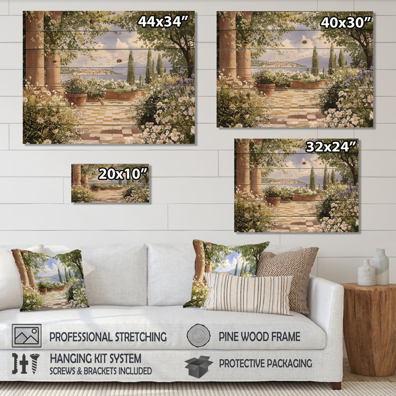 Serene Scenic Gardens In Italy I - Paysage traditionnel en bois, décoration murale sur bois de pin naturel, H 30 po x l 40 po