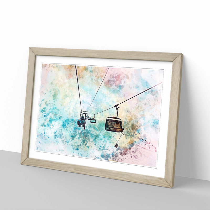 Riding the Ski Lift in Abstract - Picture Frame Painting Print, 60cm H x 91cm W x 2cm D, Oak