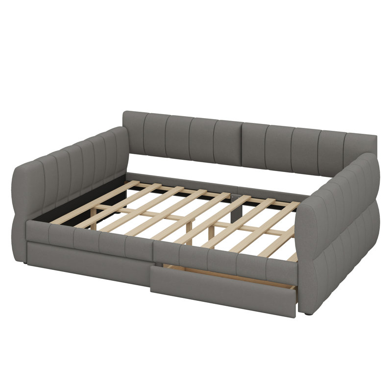 Upholstered Platform Bed With USB And 2 Drawers, Gray