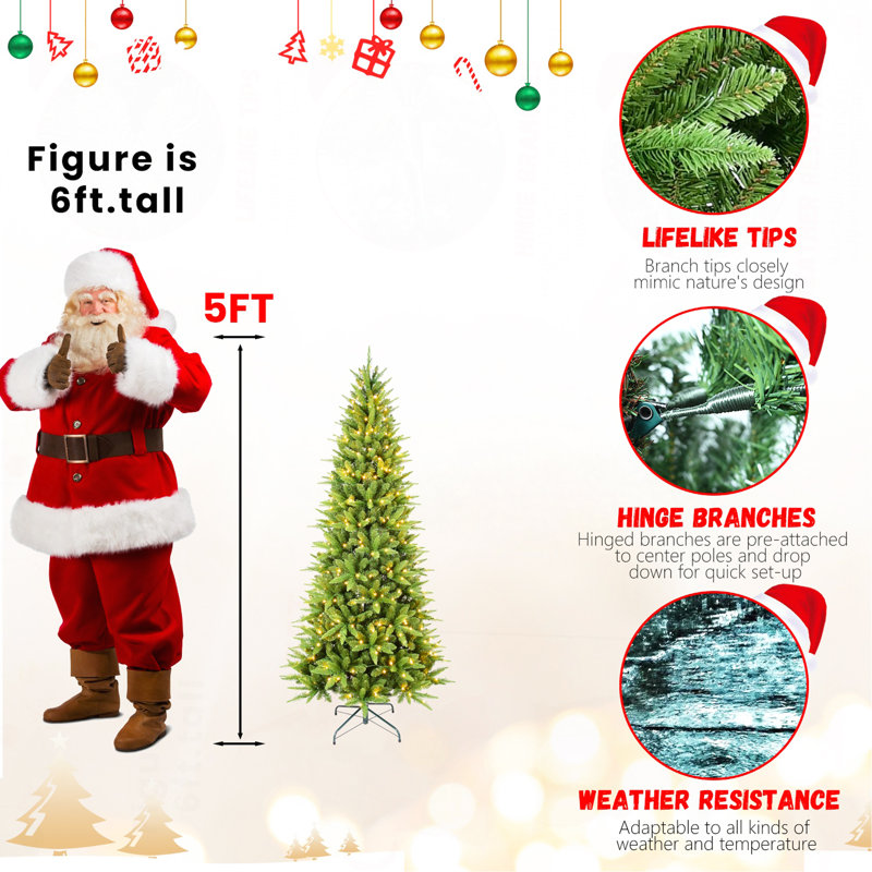 Arbre de Noël mince de 4 pi avec 150 lumières DEL blanc chaud - 424 pointes en PE + PVC, conception à charnières peu encombrante, installation facile, support en métal robuste - arbre à crayons réaliste pour les petits espaces