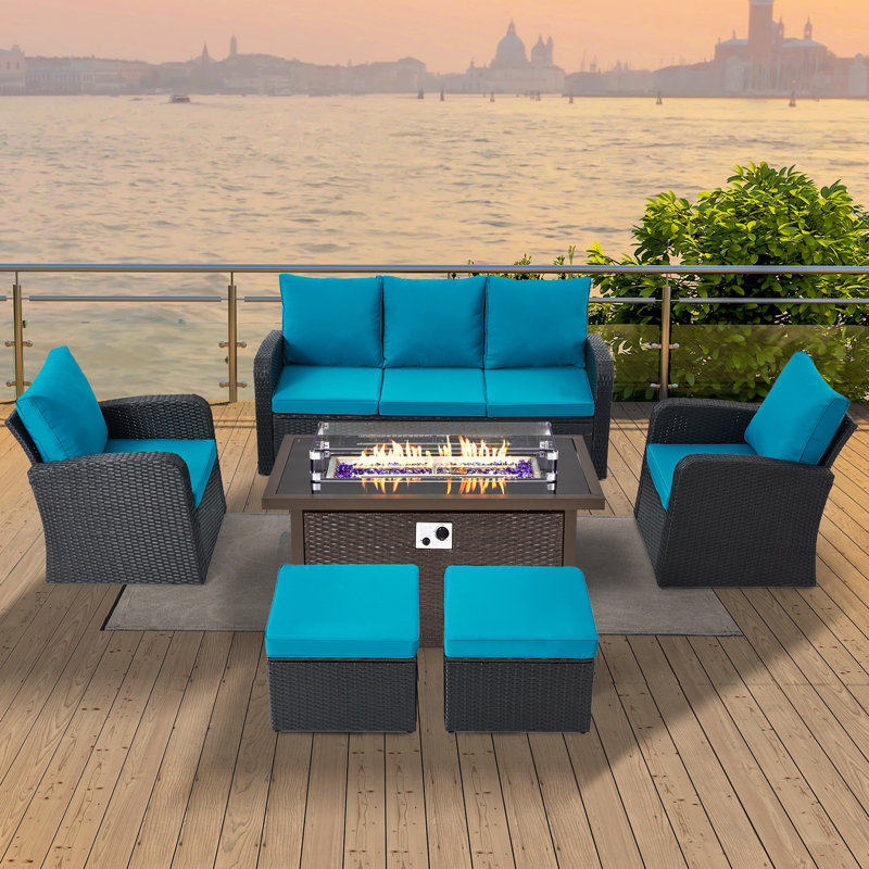 Wicker/Rattan 7 - Person Seating Group with Fire Pit Table, Blue