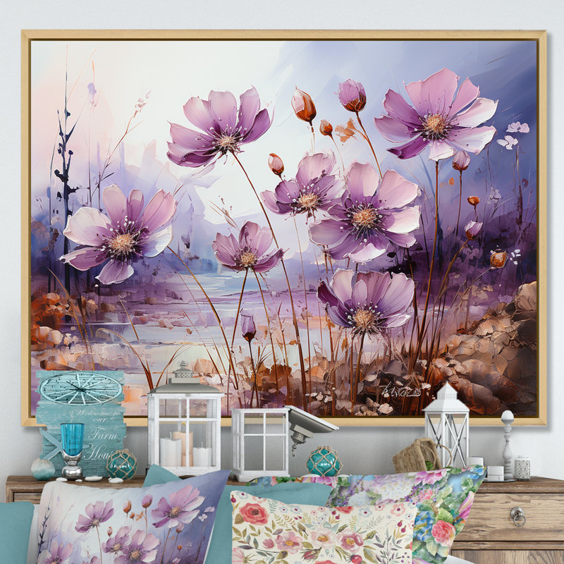 «Violets Flowers Country Charm» sur toile, Cadre naturel flottant, H 16 po x l 32 po x P 1 po