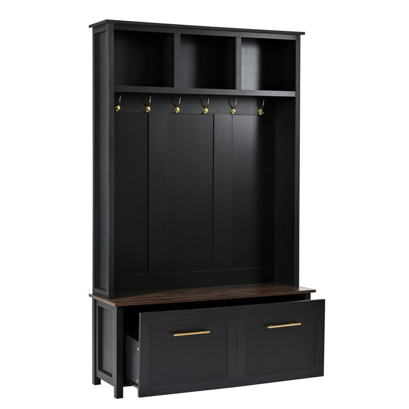 Versatile 4-In-1 Hall Tree With 6 Hooks, Wood Grain Bench, Multiple Storage, And 2 Drawers For Entryway Organization, Black