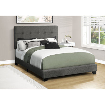 Cadre de lit double capitonné gris foncé pour chambre transitionnelle, structure en bois d'ingénierie massif, tête de lit à boutons avec rembourrage et profil bas épais et confortable