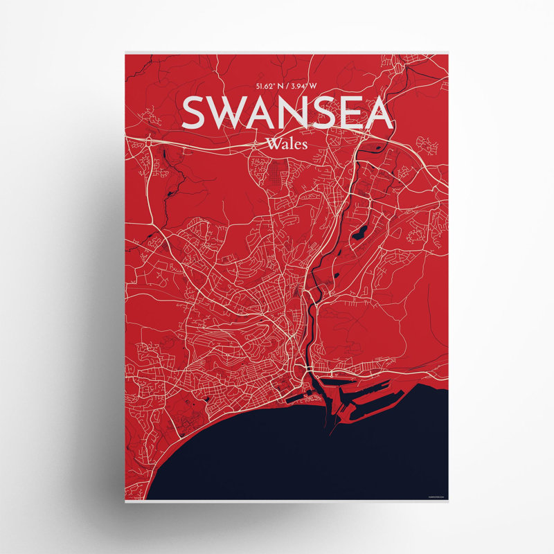 Swansea City Map, impression, Rouge / Bleu marine, H 27,6 po x l 19,7 po