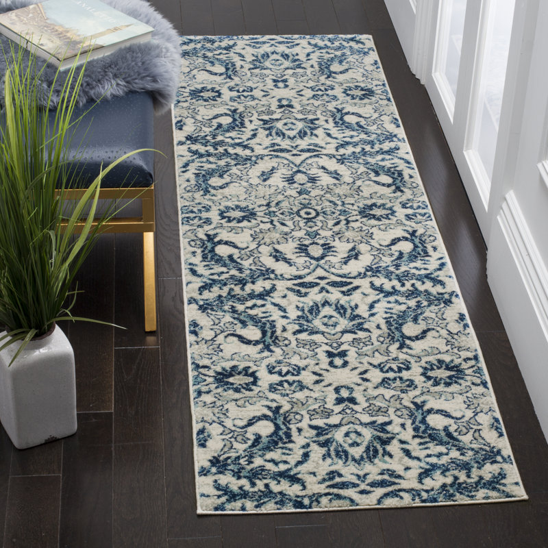 Tapis à motif floral ivoire / bleu Alessia, Tapis de couloir 2 pi 2 po x 11 pi