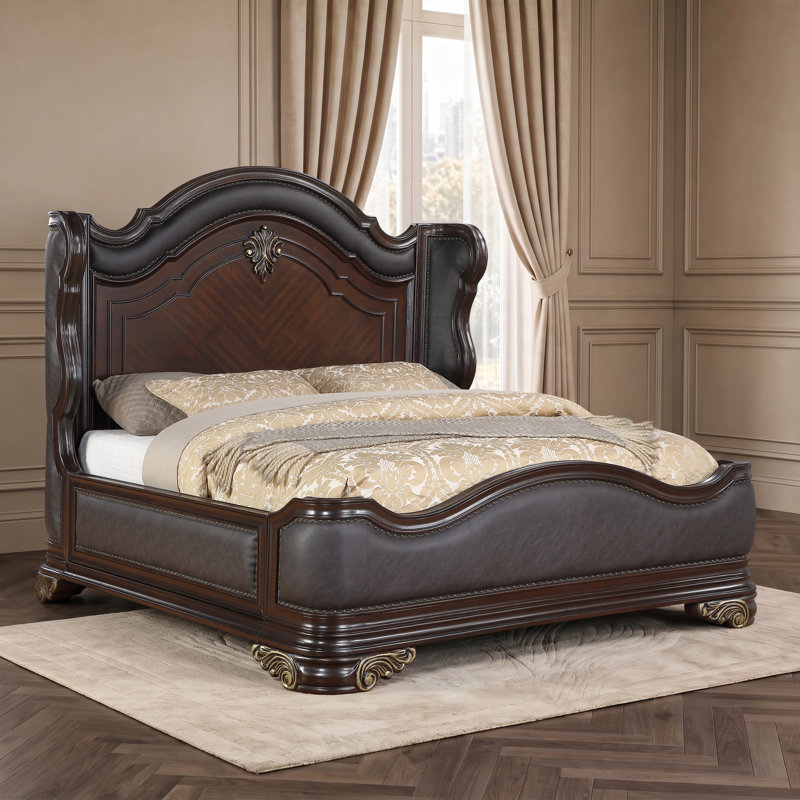 Faxon Leather Wingback Bed, Brown, Queen