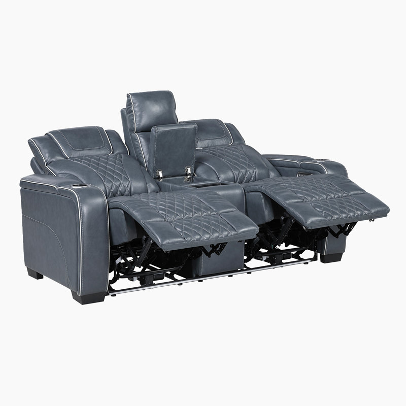 Causeuse double inclinable électrique en cuir fleur avec barre centrale 72 po Barra, Bleu