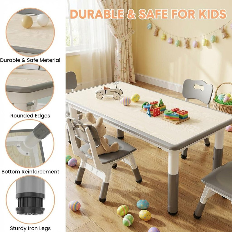 Kids 5 Piece Rectangular Play Or Activity Table and Chair Set, Grey