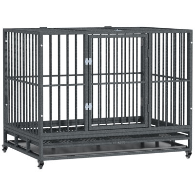 Pawhut 43" Heavy Duty Dog Crate Metal Cage Kennel With Lockable Wheels